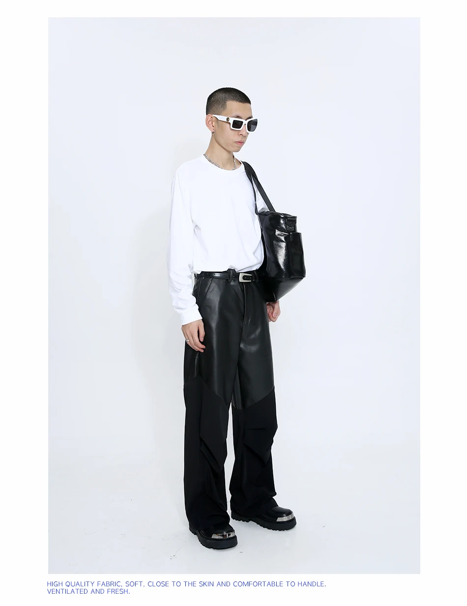 27-46 New Men Clothing Yoshi Yamamoto Style Stitching Leather Patchwork Casual Pants Trousers Lovers Plus Size Costumes