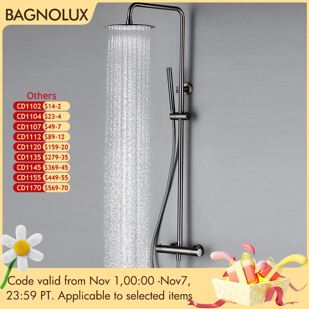 Termostat zestaw prysznicowy zawór mieszający zawór łazienkowy bateria termostatyczna ścienna ramię montażowe rozdzielacz z ręczną głowicą natryskową i deszczową - AliExpress 13