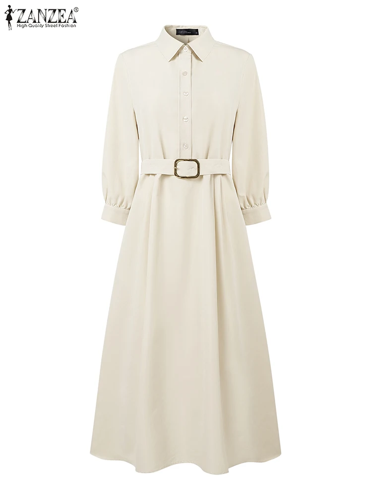 Stylish Autumn Shirt Dress 2025 ZANZEA Office Women Dress Elegant Long Sleeve OL Work Sundress Belted Robe Solid Buttons Vestido 2