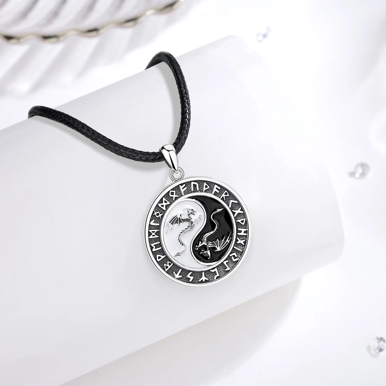 Eudora 925 Sterling Silver Viking Runes Dragon Necklace for Women Man Yin Yang Tai Chi Amulet Pendant Personality Jewelry Gift pendant necklace silver necklace silver necklace charms