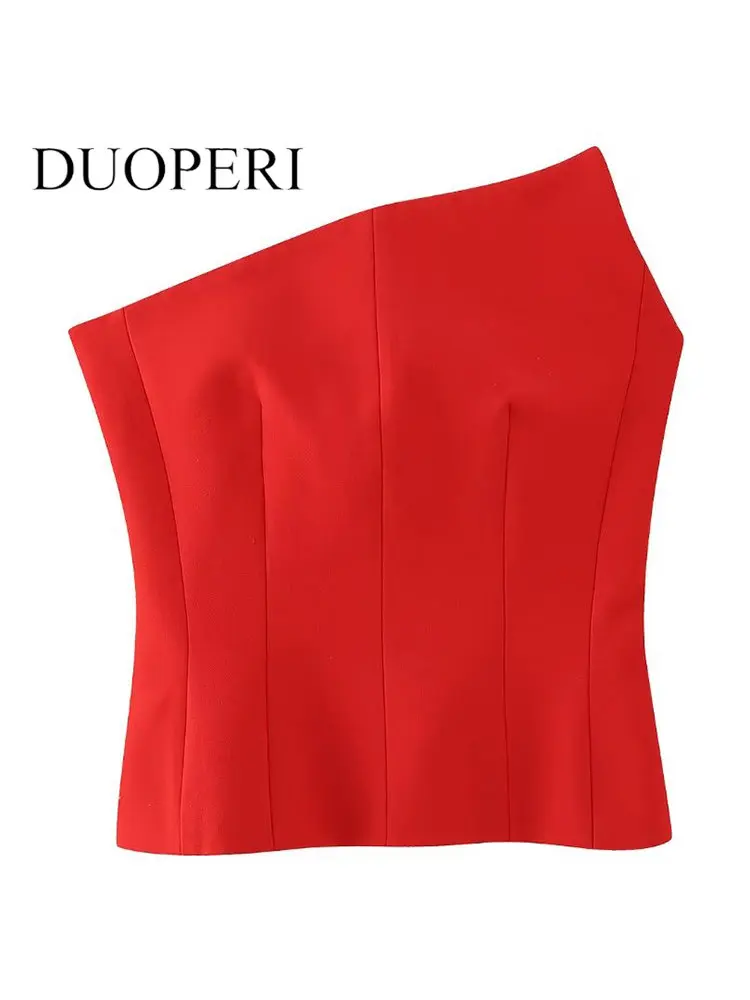 

DUOPERI Women Fashion Asymmetrical Side Zipper Strapless Tops Vintage Backless Sleeveless Female Chic Lady Slim Fitting Bustier