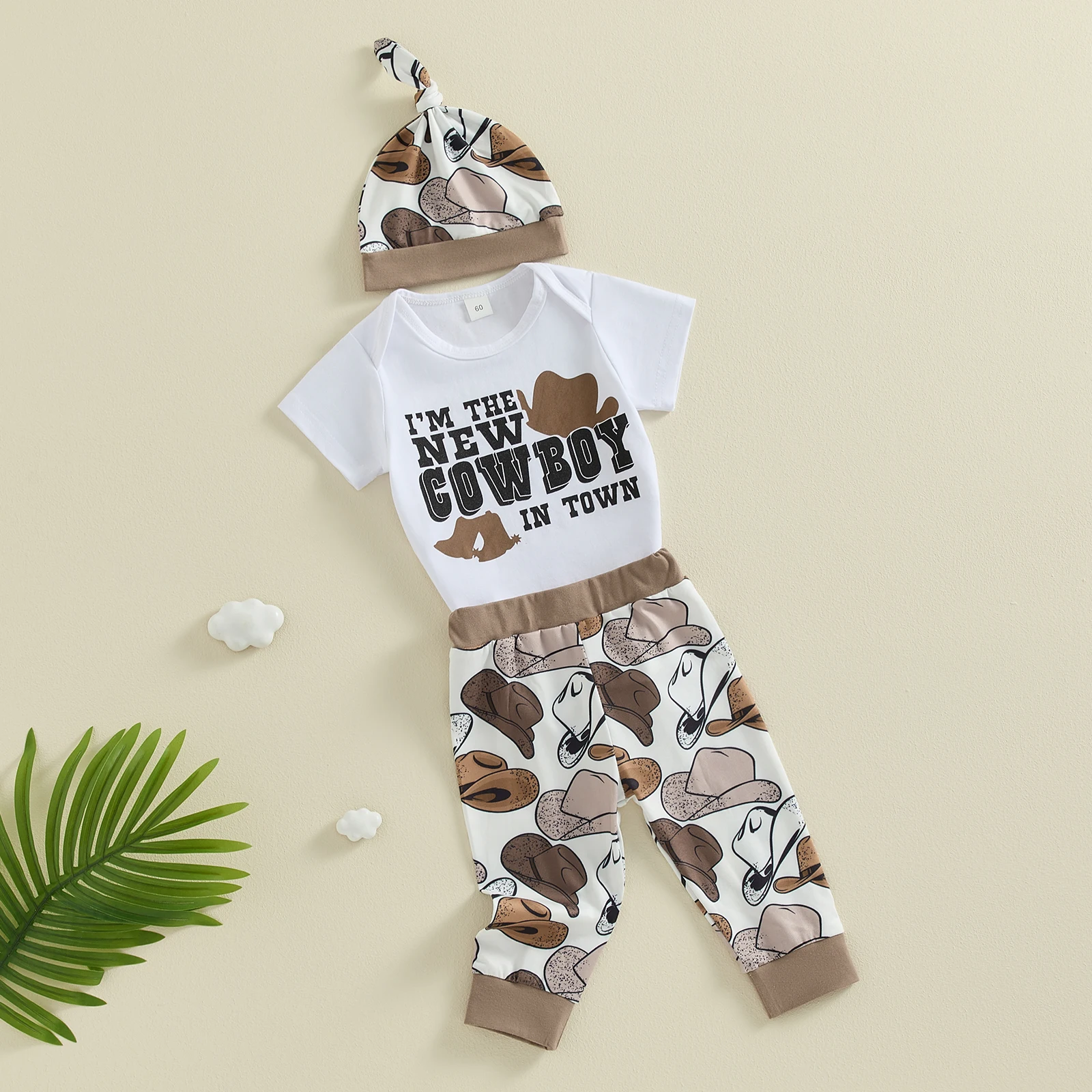0-12M Newborn Baby Boys Summer Clothes Sets 3pcs Letter Print Crew Neck Short Sleeve Rompers Cowboy Hat Long Pant Hats