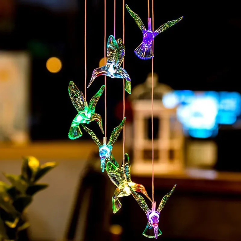 Solar Garden Lights 1PC Colorful Gradient Garden LED Wind Chimes Decorated Hummingbird Landscape Atmosphere