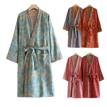 Pure Cotton Robe Women's Pajamas 3/4 Sleeve Spring Autumn Bathrobe Female Winter Morning Loose Home Wear Sleep Wedding Dress