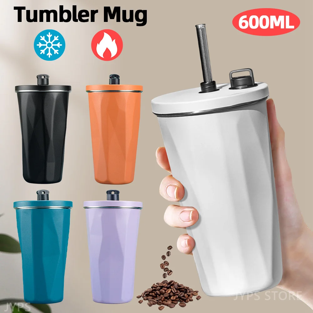

600ML Straw Cup With Lids Thermos Cup for Coffee Tea Stainless Steel Thermos Keep Hot and Cold Travel Coffee Cup Thermal Mug
