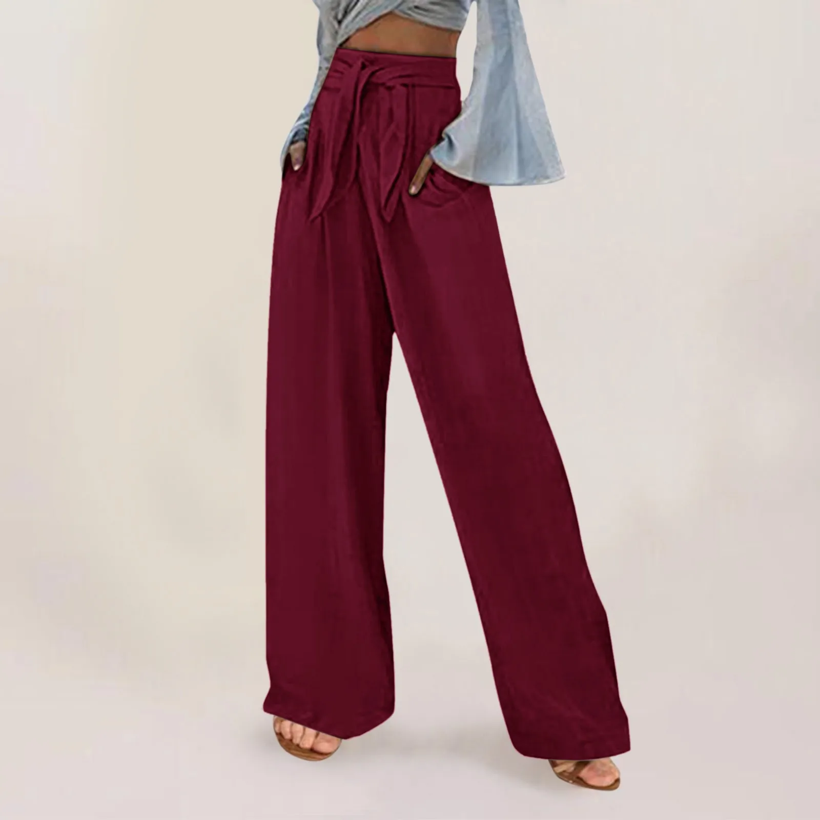 

Women's Casual Solid Color Loose Pockets Belt Elastic Waist Long Trousers Temperament Wide Leg Pants For Women