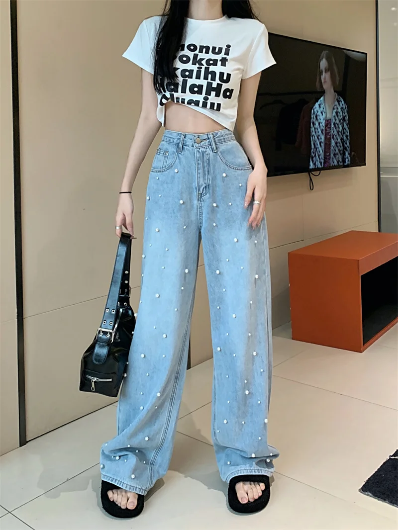 Women's Chic Elegant Wide Leg Pearls Jeans Lady Streetwear High Waist Straight Loose Jeans Casual Full Length Denim Pants