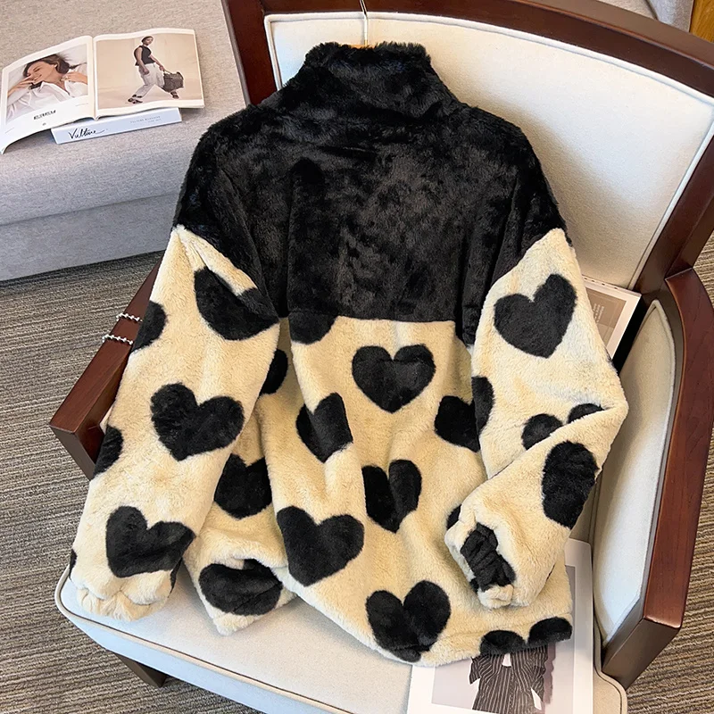 Cárdigans de retales con estampado de corazón de terciopelo grueso de algodón suelto coreano para mujer, chaqueta de felpa con cremallera elegante de gran tamaño, Y2k, invierno, nuevo - Image 2