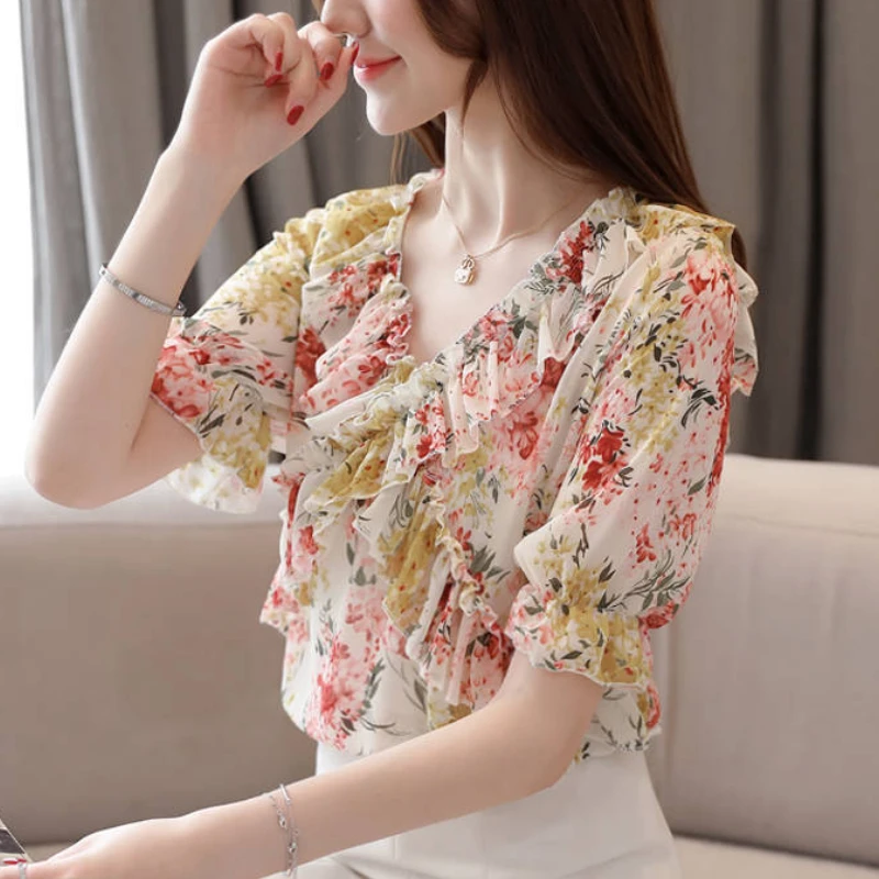 Ruffle V Collar Floral Print Blouses for Women Chiffon Shirt Korean