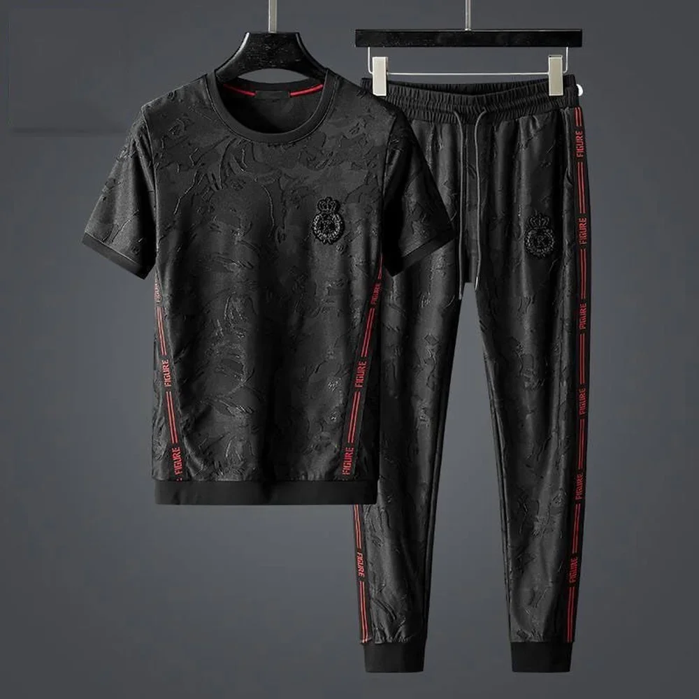 Men Sets High-quality High-end Light Luxury Brand New Summer Fashion Brand Jacquard Hot Drilling Leisure Sports Two Joggers Set