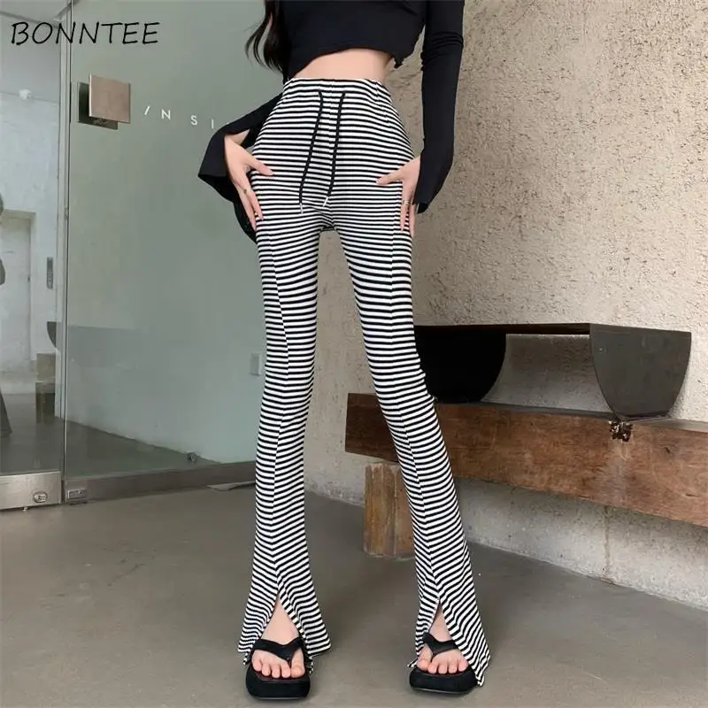 

Slim Causal Pants Women Striped Front Slit Drawstring High Waist Flare Trousers All-match Streetwear Summer Simple Stylish New