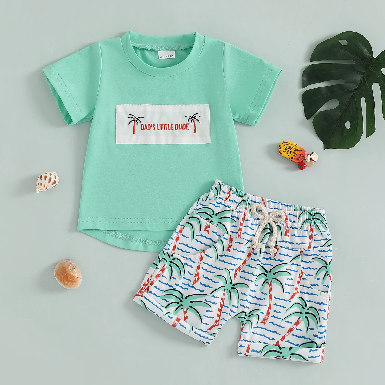 FOCUSNORM 0-4Y Summer Casual Kids Boys Clothes Set Short Sleeve Letter Embroidery T-shirt with Tree Print Shorts