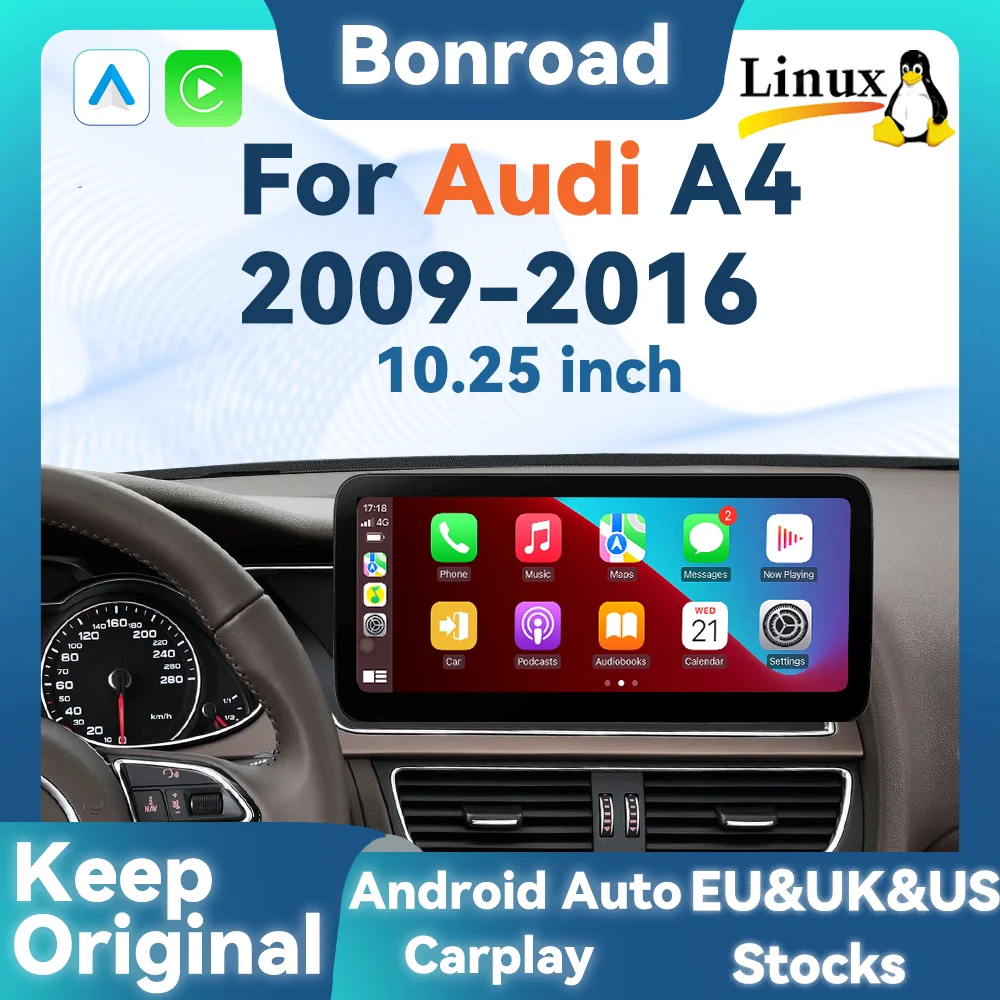 Bonroad 10,25'' Autoradio-Player Multimedia-Bildschirm für Audi A4 A5 2009-2016 Wireless CarPlay Android Auto Airplay AutoLink GPS