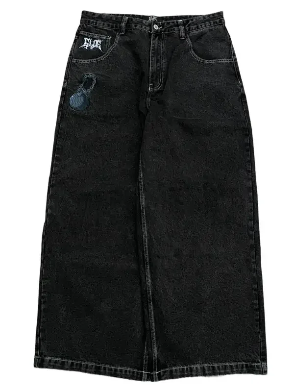 Y2K Goth Men Women Fashion Hip Hop Wide-leg Jeans Retro American High Street Embroidered Jeans Black Baggy Patchwork Denim Pants 2