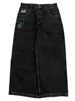 Y2K Goth Men Women Fashion Hip Hop Wide-leg Jeans Retro American High Street Embroidered Jeans Black Baggy Patchwork Denim Pants 2