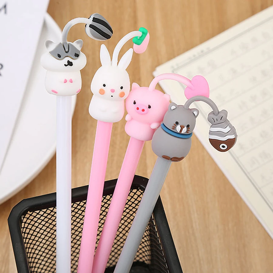 4 Pcs 0.5mm 아보카도 젤 펜 부드러운 사랑스러운 동물 블랙 컬러 젤 잉크 펜 귀여운 편지지 사무실 학교 용품 쓰기