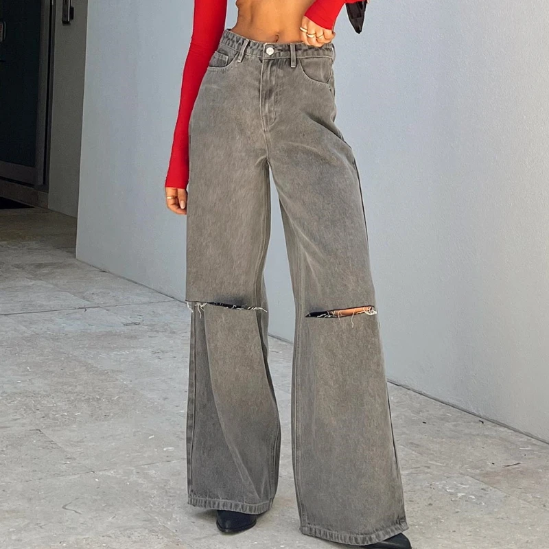 Dourbesty Women Low Waist Cargo Damen Pants Y2k Cutout Baggy Wide Straight Leg Aesthetic Trousers with Pockets Casual Streetwear