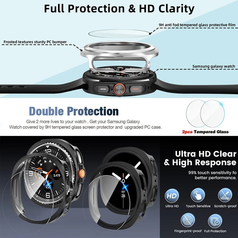 Premium Glass+PC Protective Watch Case - Durable Hollow Hard Cover for Galaxy Watch 8 Series