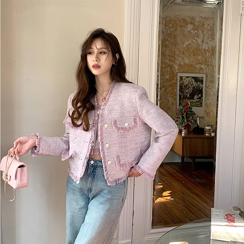 Dancc 얇은 v 넥 수염 가장자리 보라색 트위드 스타일 짧은 재킷 여성 봄 시즌 조끼 투피스 세트 세련된 숙녀 정장