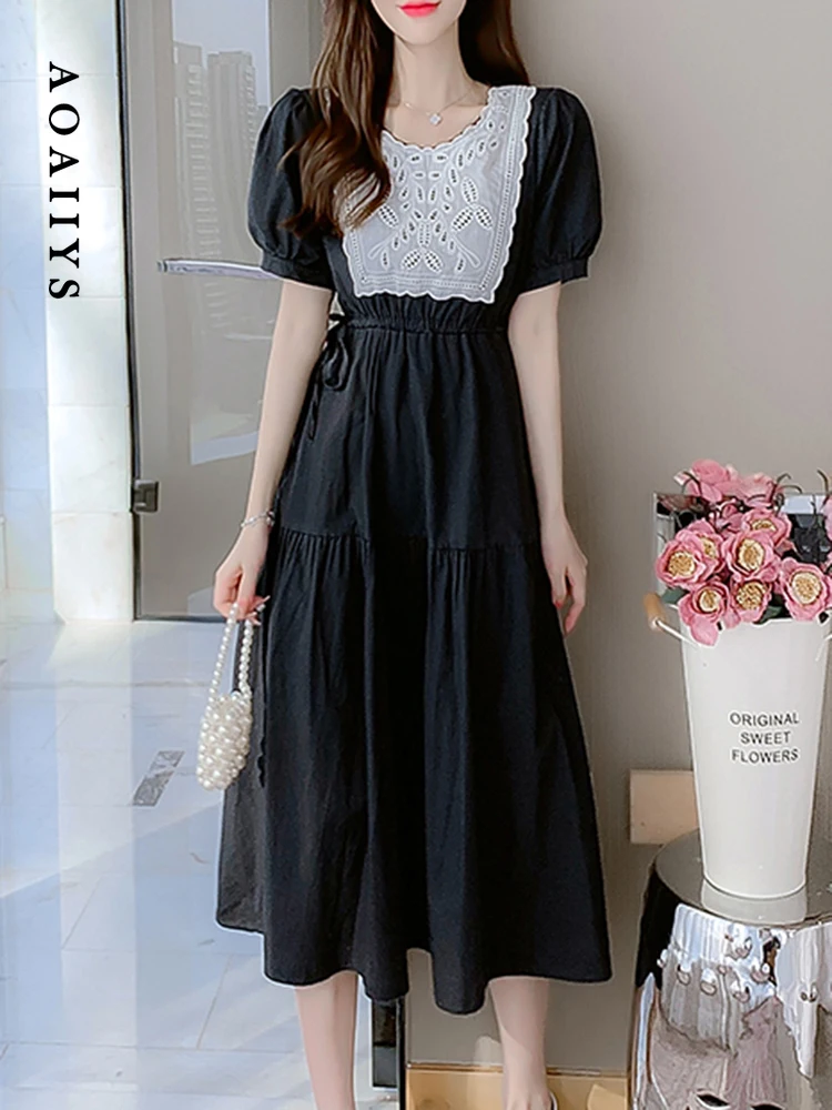 

Aoaiiys Black Dress for Women Dresses 2023 Summer Lace Spliced Solid O-Neck Designer High Waisted Clothing Slim Mid-Calf Dresses