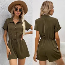 

New2022Summer One-Piece Shorts Loose Short Sleeve Drawstring Green Lapel One-Piece Wide-Leg Pants