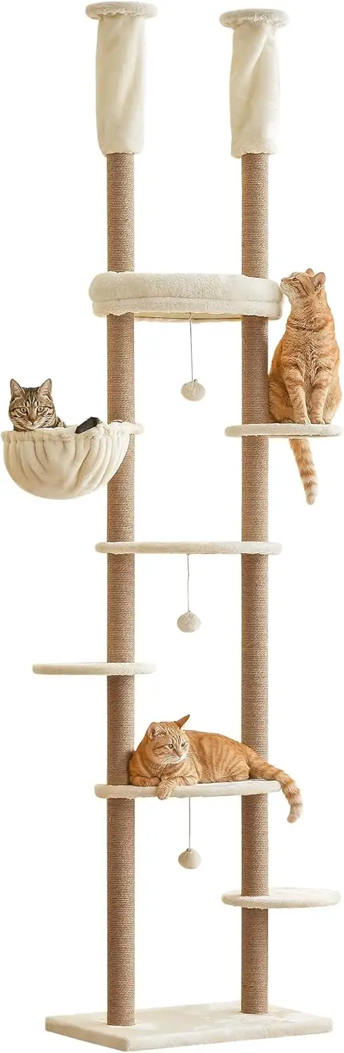 Cat Tree, Floor to Ceiling Cat Tower Adjustable Height[92-102 In=234-258cm], 7 Tiers Climbing Tree with Hammock, Platforms