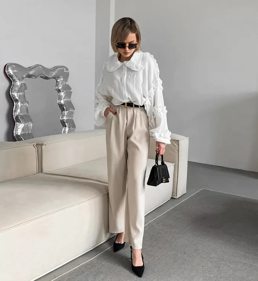 Camisas blancas holgadas con volantes para mujer, manga larga, elegantes, a la moda, otoño, lisas, informales, prendas de vestir exteriores, camisas para mujer, abrigos, novedad de verano