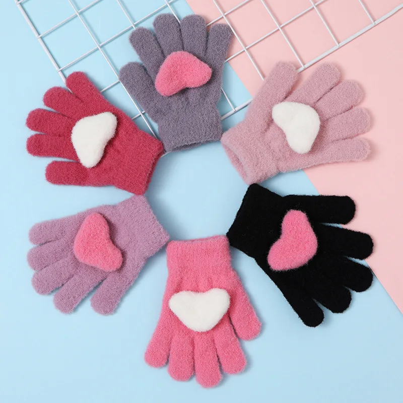 1-3-7Y Kids Baby Girls Boys Winter Knitted Gloves Cartoon Warm Mittens Toddlers Outdoor Cute Love Heart Full Fingers Gloves New