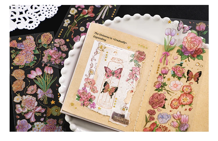 3 Stück Bronzing Blumen Aufkleber ästhetische Diy Etiketten dekorative Scrapbooking Material Zubehör Tagebuch Album Briefpapier Aufkleber – Detail 16