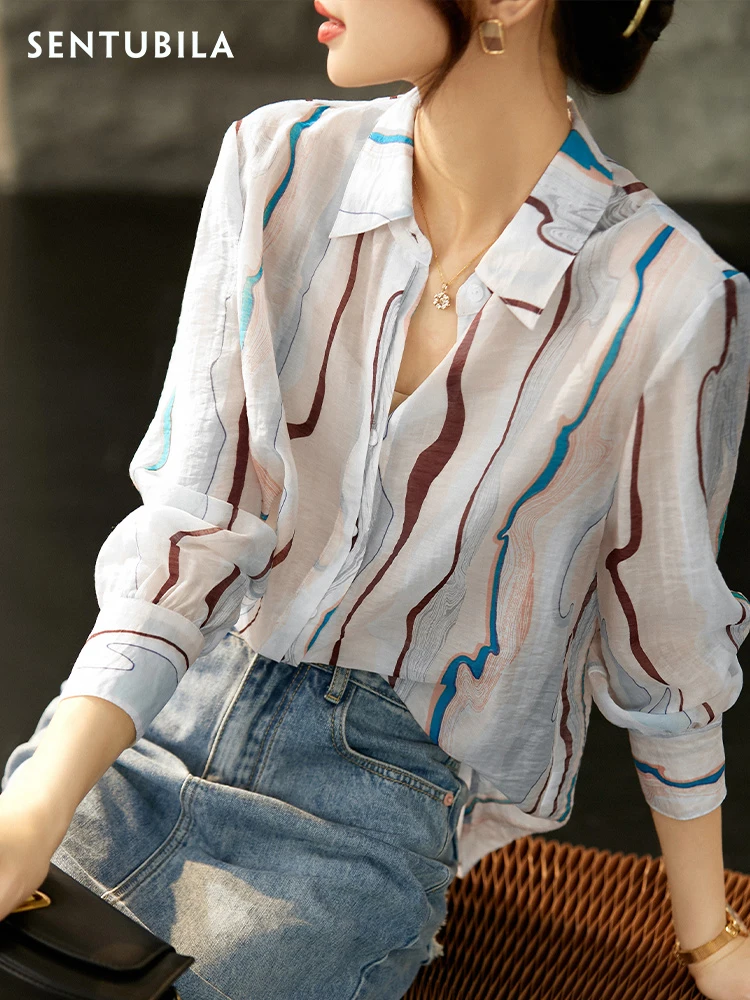 

SENTUBILA Thin Printed Blouses Office Lady Chiffon Shirts Turn-down Collar Long Sleeve Single Breasted Womens Tops and Blouses