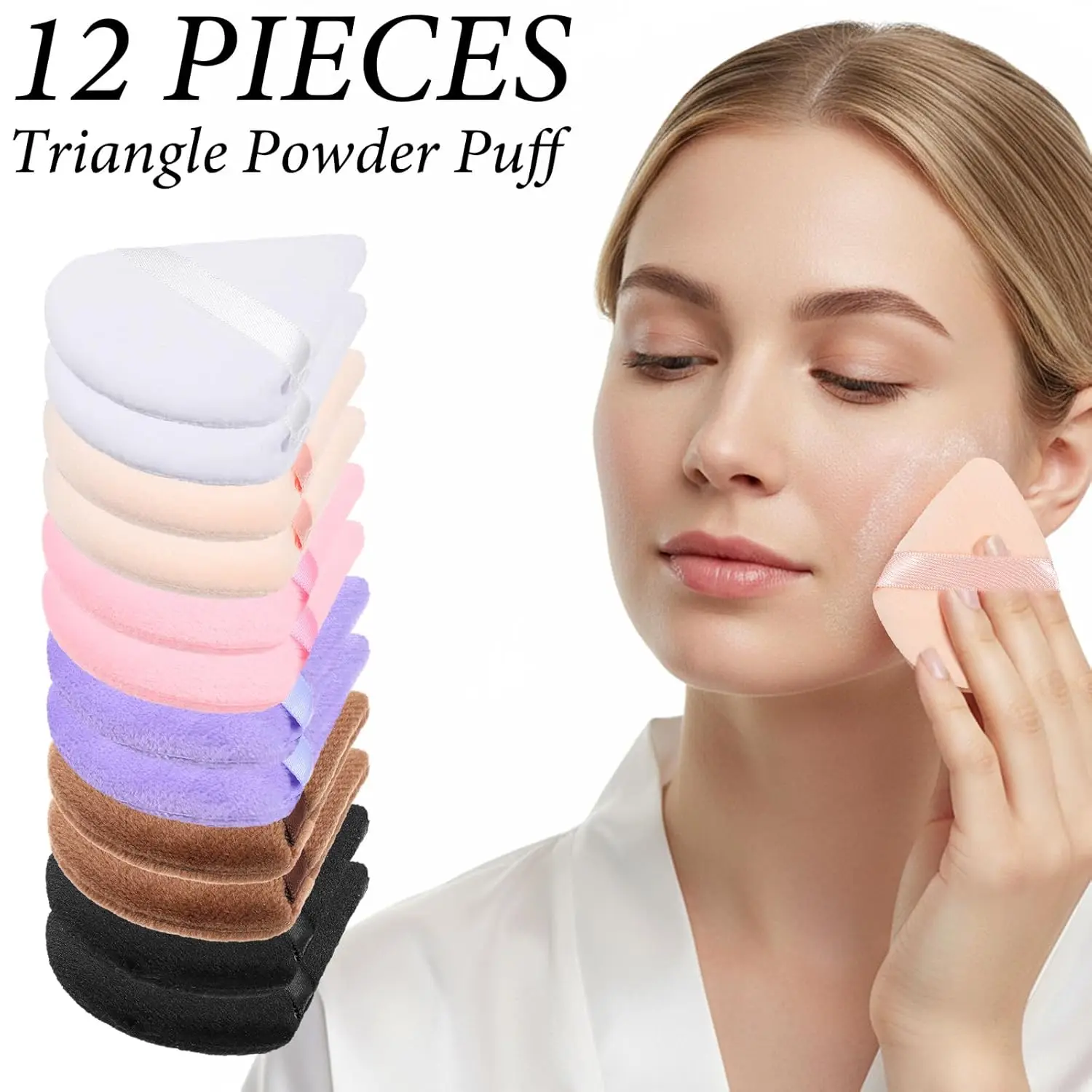 12Pcs Velour Triangle Powder Puff Set w/6 Travel Cases | Hydrophilic Latex-Free for Loose Powder  | All Skin Types Makeup Kit