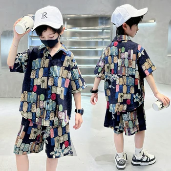 New Summer Kids Beach Clothes Set 2 Pieces Set for Boys Casual Shirt Short 2PCS Clothing Set Children Cool Vacation Outfit Suit