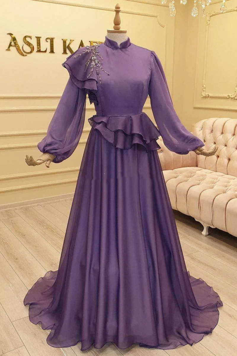 

Purple Moroccan Kaftan Muslim Evening Dresses A-line Long Sleeves Chiffon Beaded Dubai Arabic Turkey Abaya Islamic Evening Gown