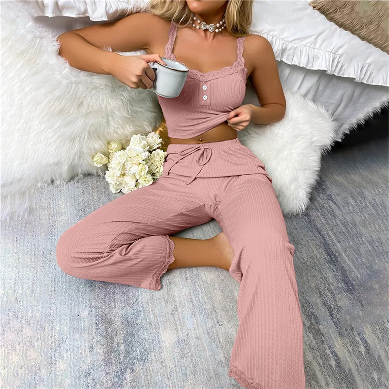 Sexy Casual Pajamas Set For Women Summer Lace Suspenders Long Trousers Two Piece Lounge Set Sleepwear Women Sleep Vest pants
