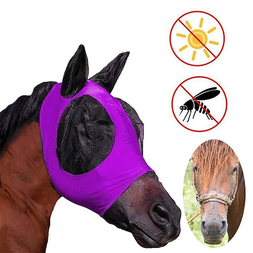 1PC Horse Fly Masks Anti Mosquito Elastic Mesh Horse Face Shields Washable Head Cover Outdoor Riding Equestrian Equipment