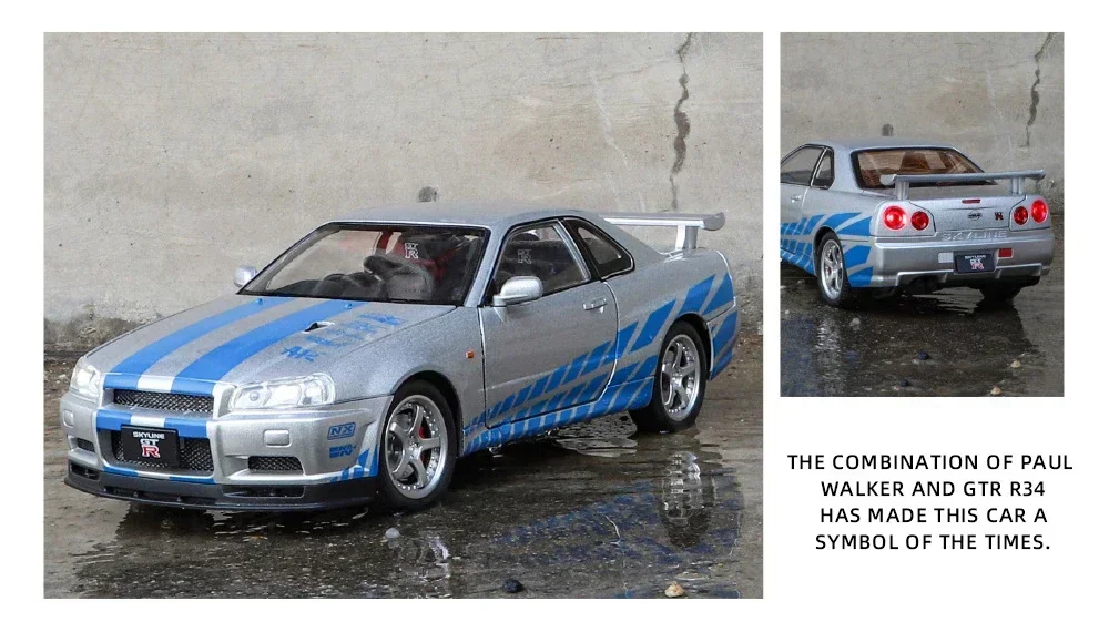 1:24 Nissan GTR R34 Skylin Fast & Furious Legierungsautomodell Sound und Licht Zurückziehen Kinderspielzeug Sammlerstücke Geburtstagsgeschenk – Detail 7