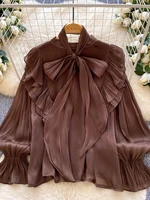Femmes printemps automne chemise mode français rétro décontracté haut de gamme à pois Blouse avec manches à bulles nœud Design haut S263 6