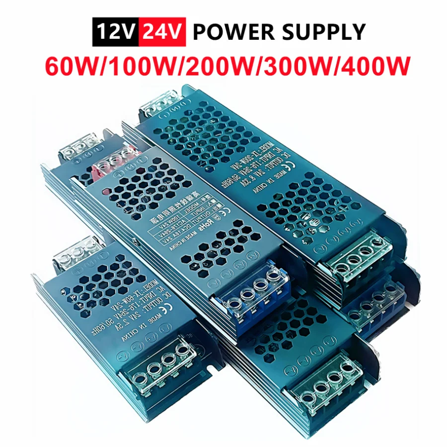 อะแดปเตอร์จ่ายไฟ LED บางเฉียบ 12V/24V 60W 100W 200W 300W 400W หม้อแปลงไฟสำหรับไฟ LED 5A 12A ไดรเวอร์สวิตช์สำหรับไฟ LED Strip 1