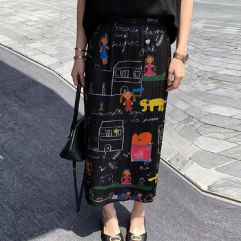 Miyake Pleated Women's Skirt 2026 New Japanese Design Elastic Waist Cartoon Print Slimming Hip Skirt Pleated Skirt