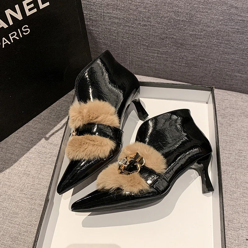 Aphixta Furry Metal Buckle Woman Ankle BootsThin Heels Zipper Short Plush Warm Woman Autumn Winter Shoes High Heels Modern Boots