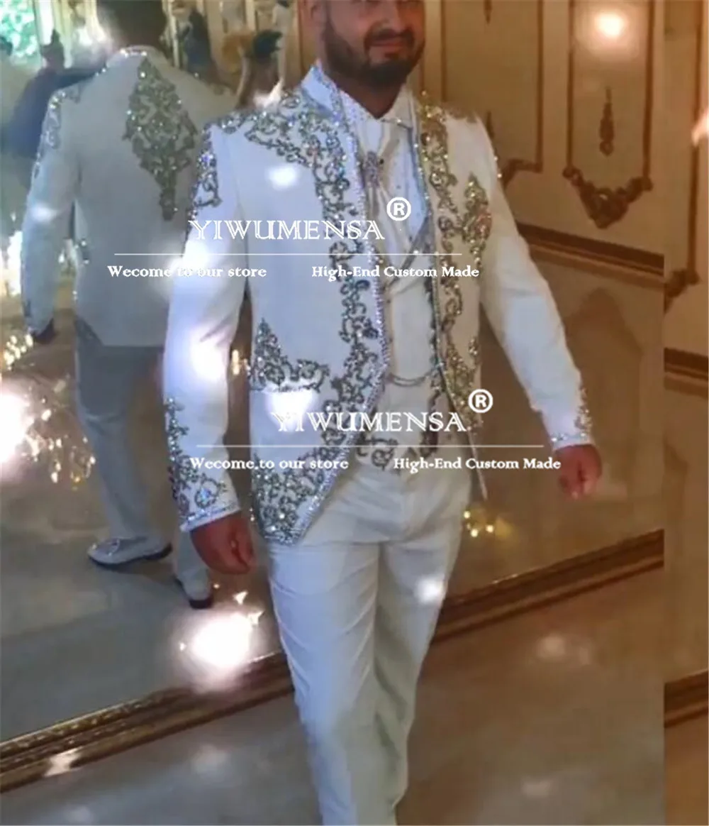Sparkly Crystals Beaded Wedding Groom Tuxedos Customized 3-Piece Dresses Formal Occasion Party Suits Men Slim Fit Costume Homme 4