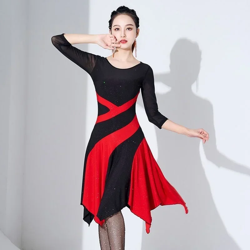 

Black Red Irregular Latin Dance Dress 7/4 Sleeve Square Jitba Female Practice Skirt Adult Costume Rumba Stripe Stitching HI-Q