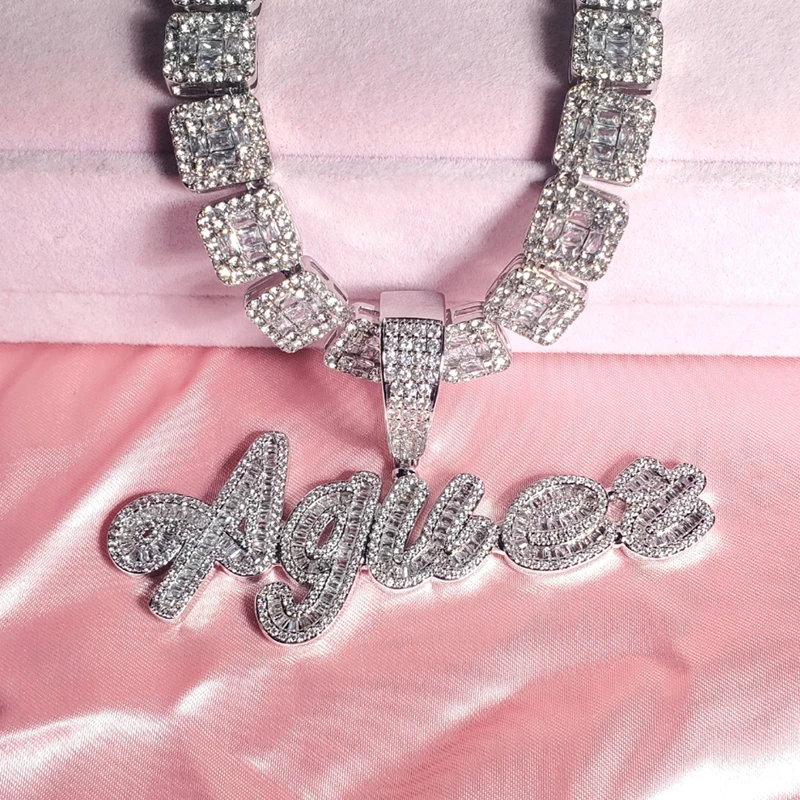 Custom Brush Cursive Iced Out Letter Name Pendant  Word Necklace With Rhinestone Baguettes Chain Drop Shiping