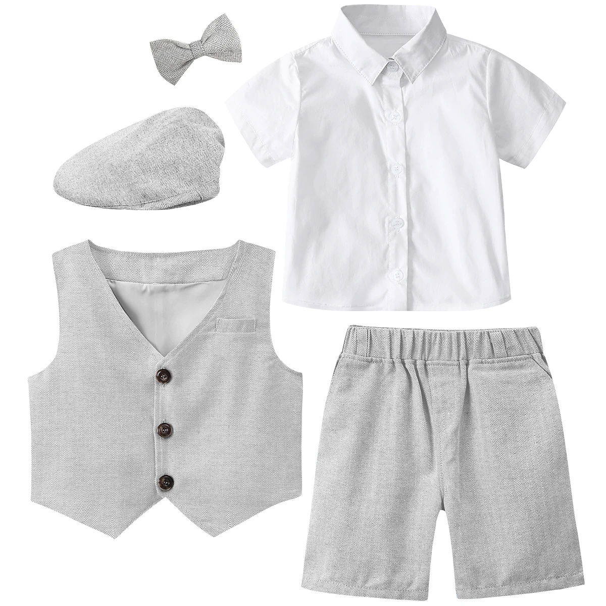 Yilaku Pak kinderen jongens pak shirt vlinderdas vest en shorts 4-delige kledingset kinderen zomer bruiloft outfit set, roze, 3-4 Jaar