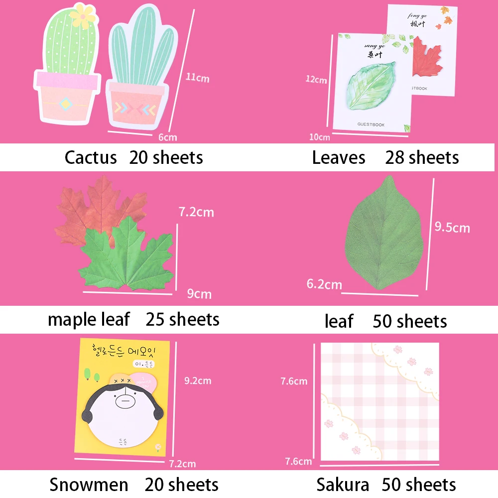 Korean Cute Plant Cactus Memo Pads Kawaii 3D Marple Leaf Sticky Notes Journaling Back to School Post Notepads Girls Stationery