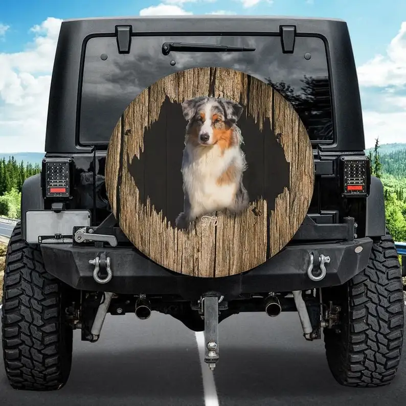 Australian Shepherd Vinyl Tire Covers, Shepherd In Cracked Wood Wheel