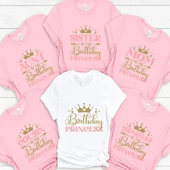 Birthday Princess Bundle Dad Mom of The Girls Birthday Party Tshirt O Neck Tops Short Sleeve White Pink Aesthetic Clothes 1