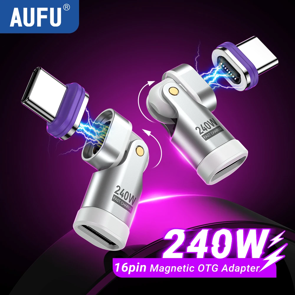 16Pin Magnetic USB C Male to USB C Female Adapter AUFU 180 Degree 240W Fast Charging Type Adapter for Iphone16 15 Macbook Pro usb to type c adapter type c adapter charger power adapter charging cable adapter magnetic cable adapter magnetic charging adapter