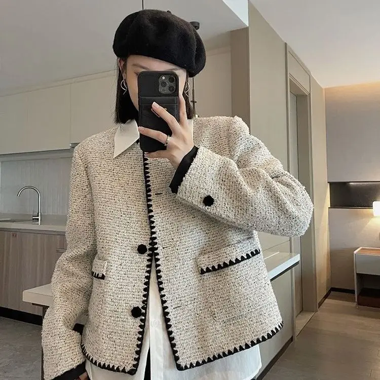 

Vintage Tweed Jacket Women Autumn Winter O-neck Single Breasted Casual Coat Classic Design Slim Tops Streetwear Short A49