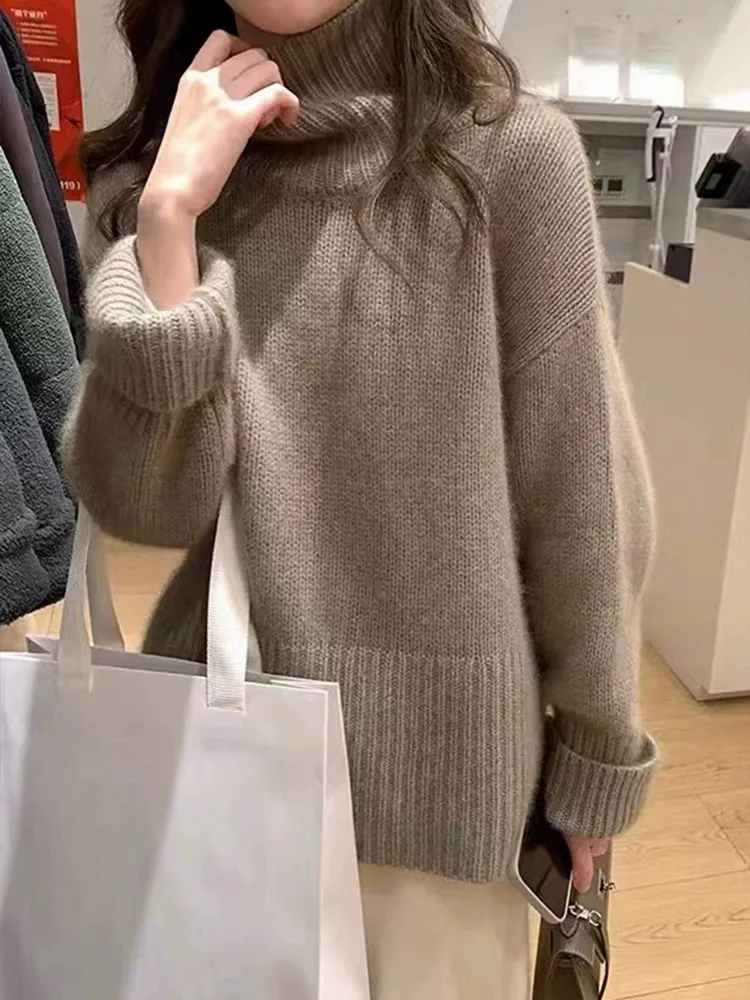 2024 Autumn/Winter New 100% Cashmere Wool Turtleneck Sweater Women's High Neck Knit Pullover Soft Comfortable Top Loose Jumper 2